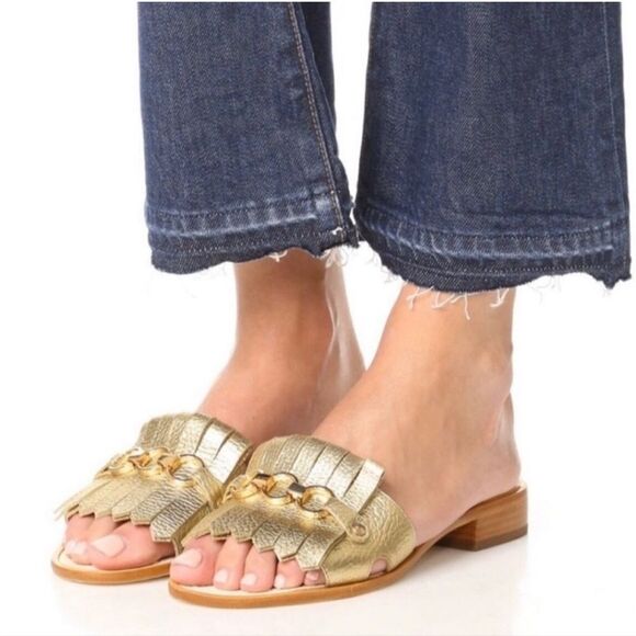 KATE SPADE NEW YORK Brie Kiltie Gold Leather Slide Sandals Sz.8.5 Ret$399 in Box - Picture 2 of 10